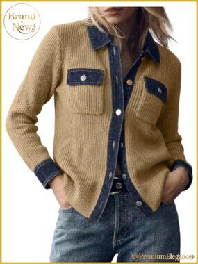 Waffle Knit Button Down Cardigan Sweater with Denim Trim
